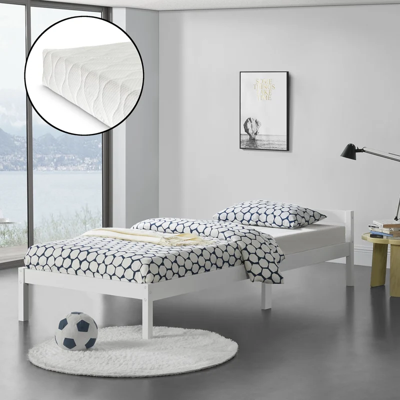 Cama de madera Nakkila varios colores y tamaños con colchón de espuma fría en.casa
