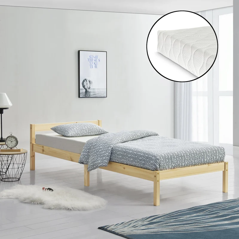 Cama de madera Nakkila varios colores y tamaños con colchón de espuma fría en.casa