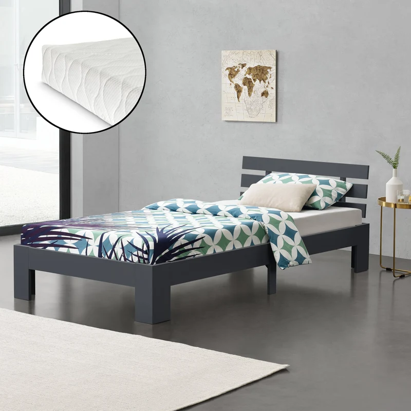 Cama de madera Nivala con colchón de espuma fría, varios colores y tamaños en.casa