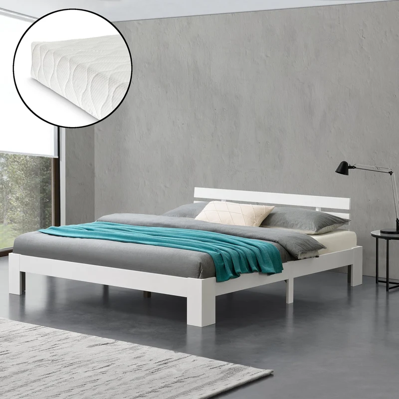 Cama de madera Nivala con colchón de espuma fría, varios colores y tamaños en.casa