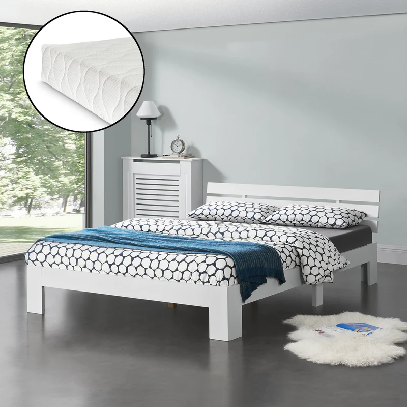 Cama de madera Nivala con colchón de espuma fría, varios colores y tamaños en.casa