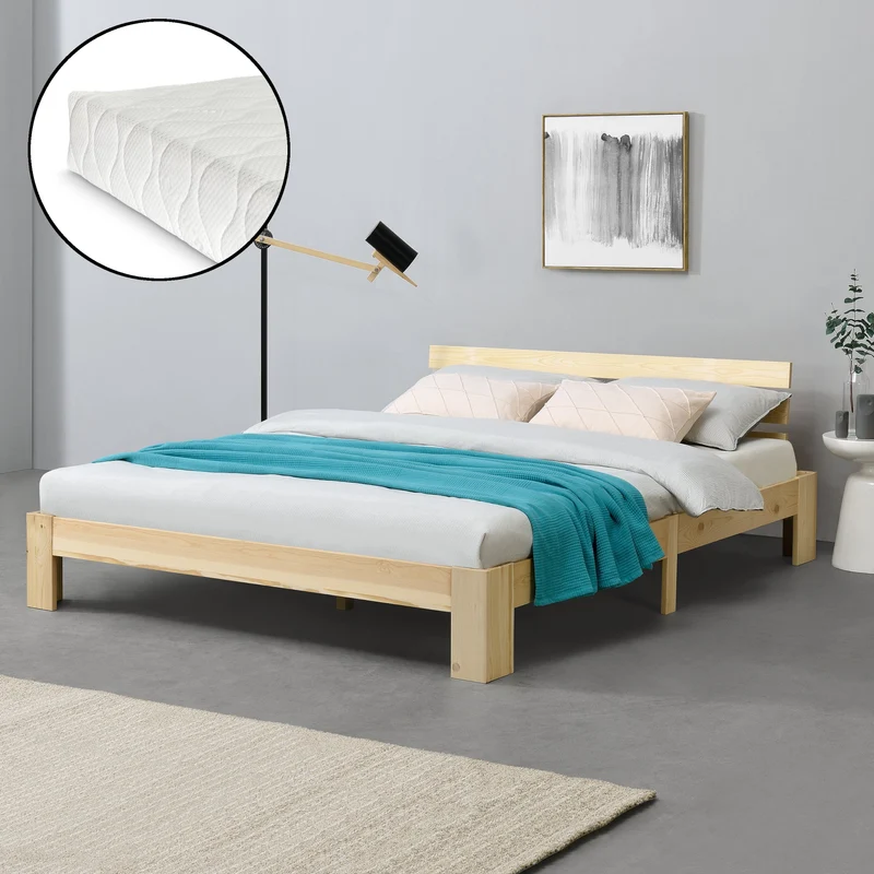 Cama de madera Nivala con colchón de espuma fría, varios colores y tamaños en.casa