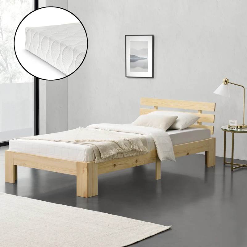Cama de madera Nivala con colchón de espuma fría, varios colores y tamaños en.casa