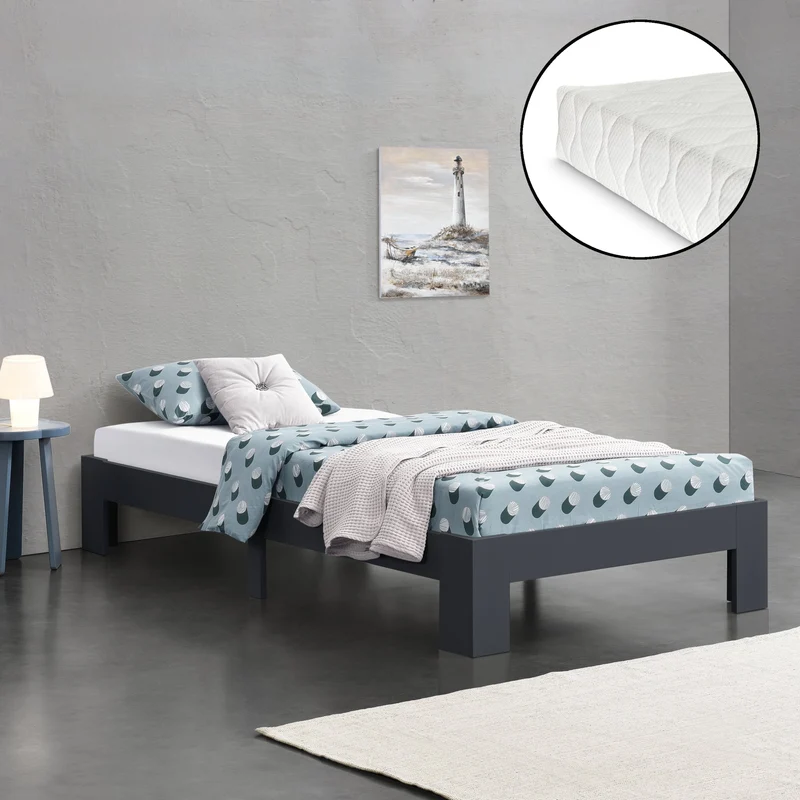 Cama de madera Raisio con colchón de espuma fría varios colores y tamaños en.casa