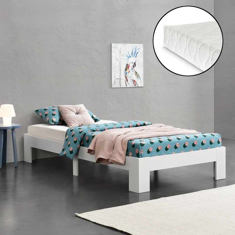 Cama de madera Raisio con colchón de espuma fría varios colores y tamaños en.casa