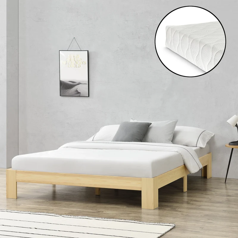 Cama de madera Raisio con colchón de espuma fría varios colores y tamaños en.casa