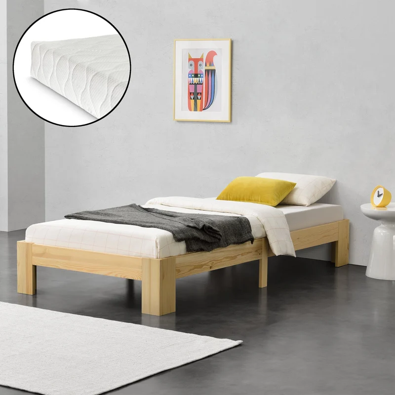 Cama de madera Raisio con colchón de espuma fría varios colores y tamaños en.casa