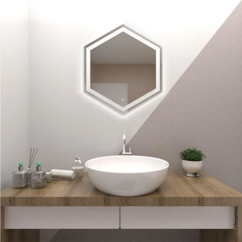 Espejo Hexagonal Wolf, Gris, con Luz LED y Botón Touch