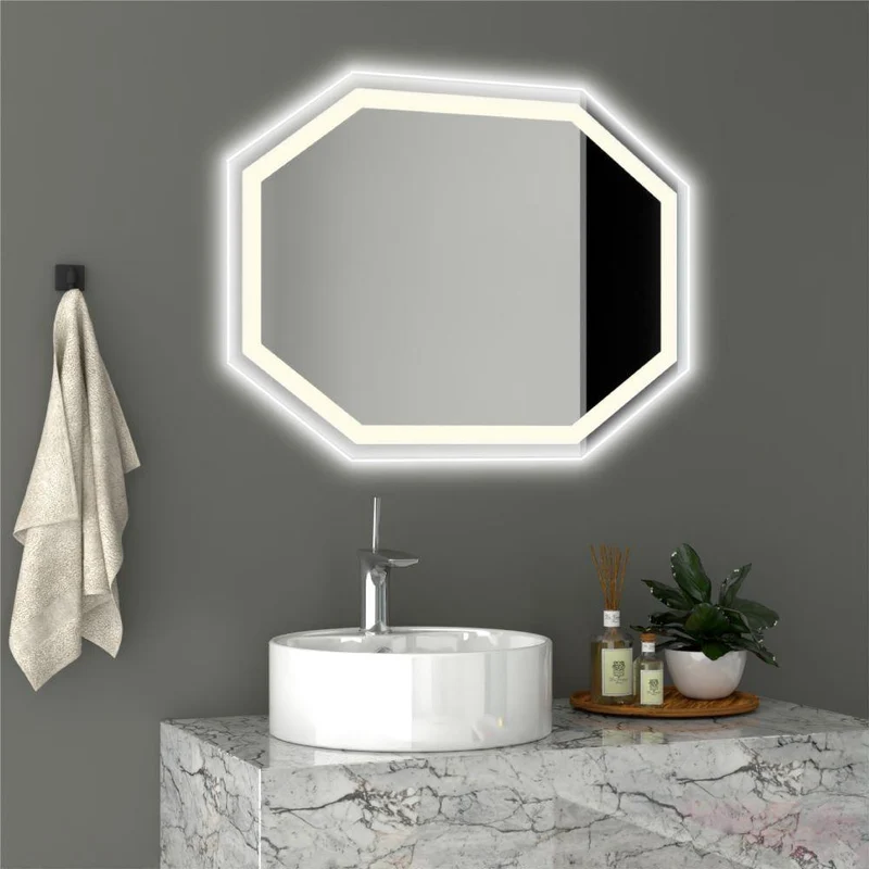 Espejo Hexagonal Mizu, Gris, con Luz LED