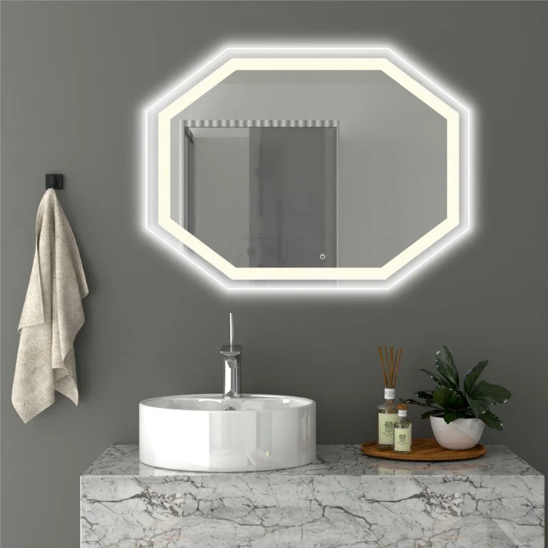 Espejo Hexagonal Mizu, Gris, con Luz LED y Botón Touch
