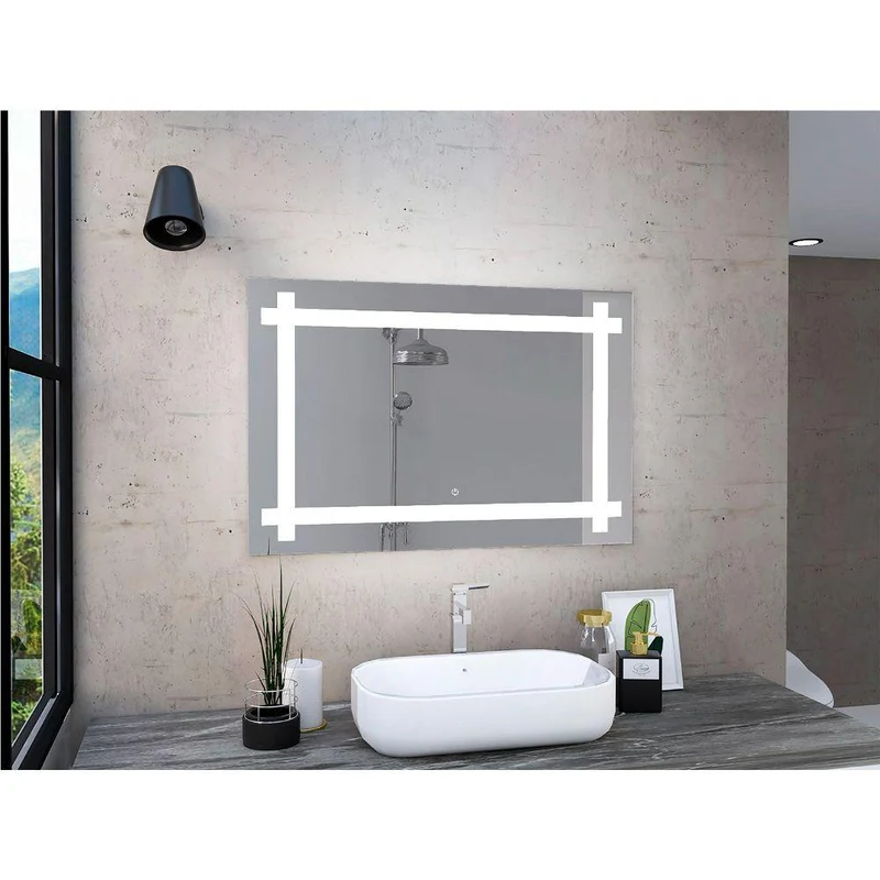 Espejo Rectangular Broni, Gris, con Luz LED y Botón Touch