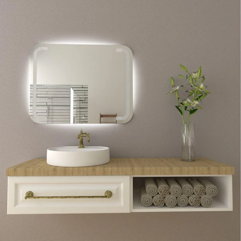 Espejo Rectangular Brown, Gris, con Luz LED y Botón Touch