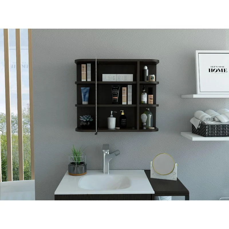 Gabinete de Baño Delio, Wengue, con una Puerta de Espejo Abatible y Seis Entrepaños