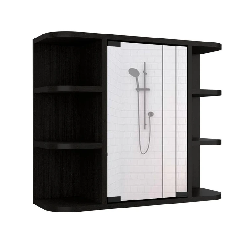 Gabinete de Baño Delio, Wengue, con una Puerta de Espejo Abatible y Seis Entrepaños