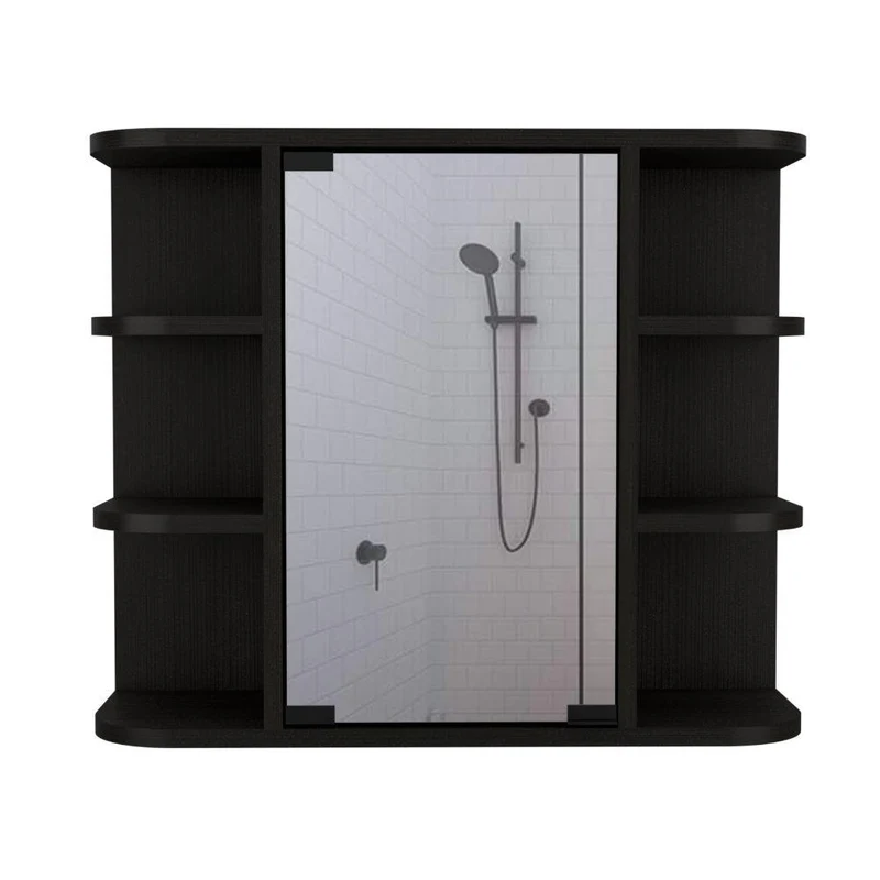 Gabinete de Baño Delio, Wengue, con una Puerta de Espejo Abatible y Seis Entrepaños