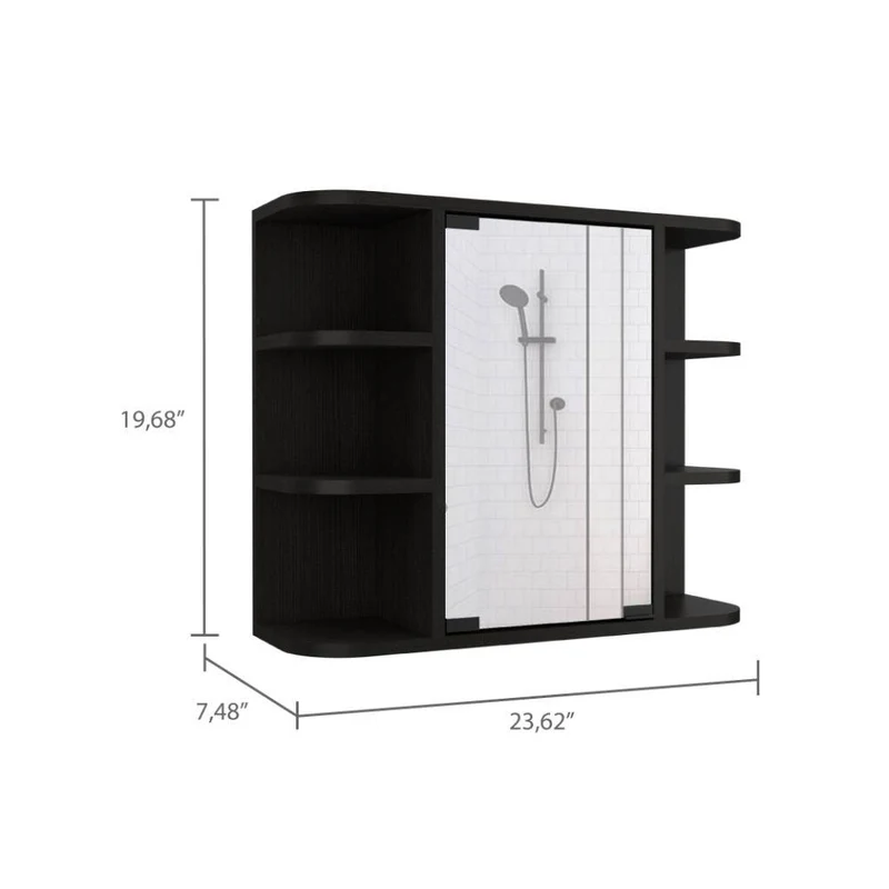 Gabinete de Baño Delio, Wengue, con una Puerta de Espejo Abatible y Seis Entrepaños