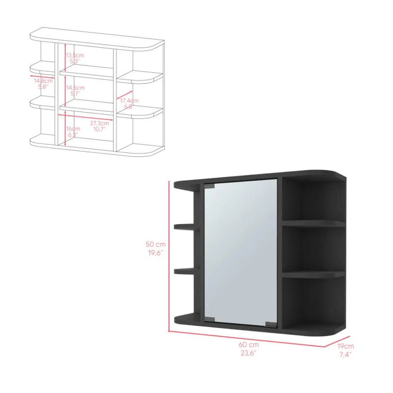 Gabinete de Baño Delio, Wengue, con una Puerta de Espejo Abatible y Seis Entrepaños