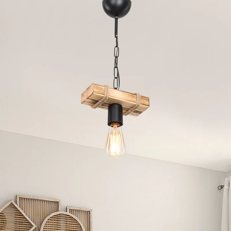 Lámpara colgante Hemel E27 Metal Madera maciza Cuerda de yute Negro / Aspecto madera / Color yute en varios tamaños [lux.pro]