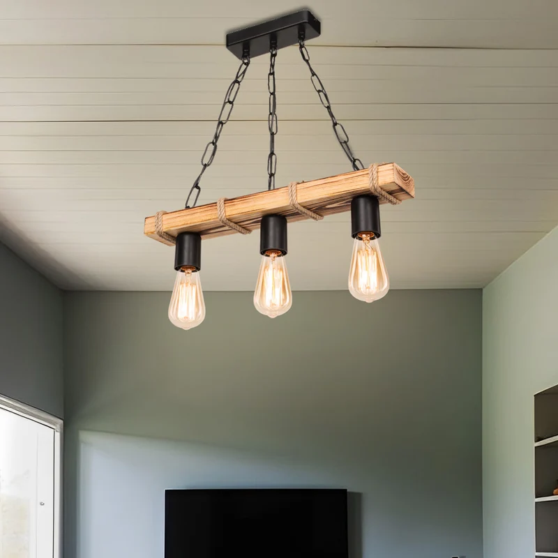 Lámpara colgante Hemel E27 Metal Madera maciza Cuerda de yute Negro / Aspecto madera / Color yute en varios tamaños [lux.pro]