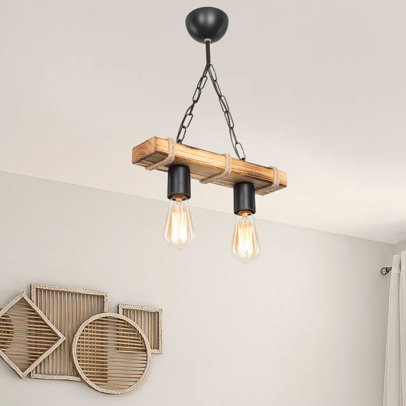 Lámpara colgante Hemel E27 Metal Madera maciza Cuerda de yute Negro / Aspecto madera / Color yute en varios tamaños [lux.pro]