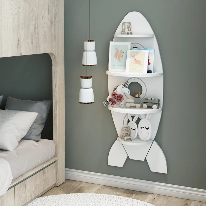 Estante flotante infantil Skanderborg en forma de nube/conejo/tiburón/coche/cohete MDF blanco [en.casa]