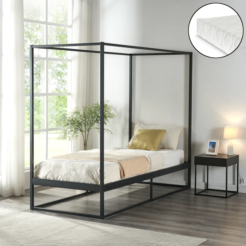 Cama con dosel Kristianstad con colchón negro en varios tamaños [en.casa]