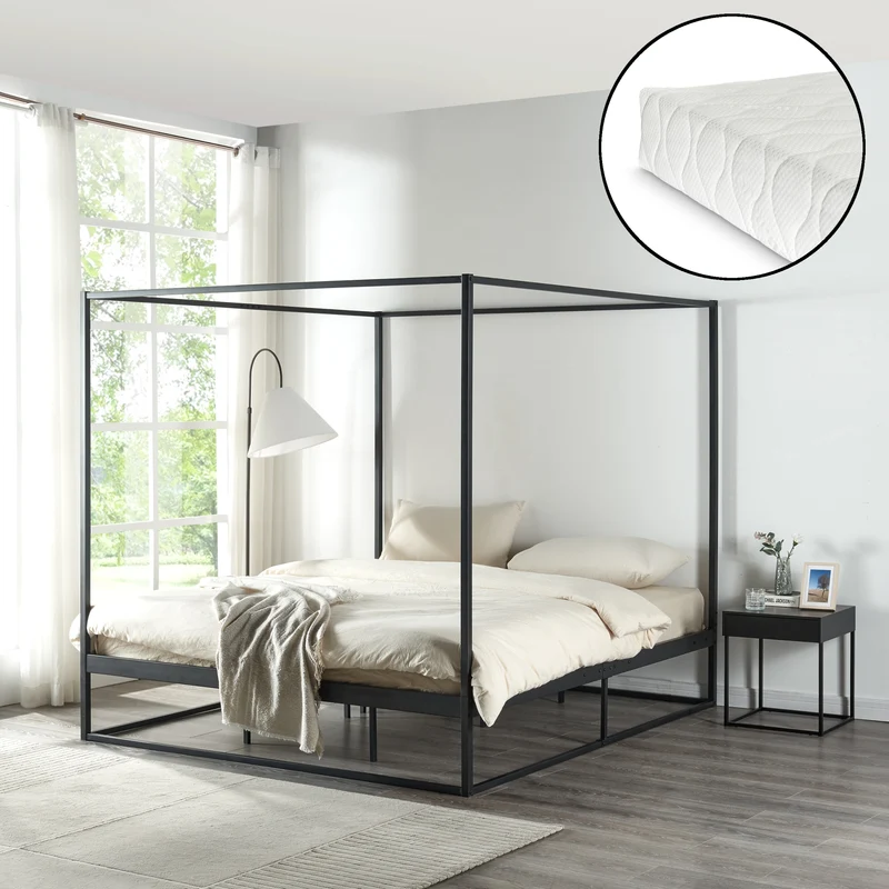 Cama con dosel Kristianstad con colchón negro en varios tamaños [en.casa]
