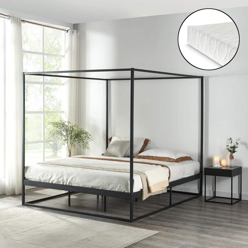 Cama con dosel Kristianstad con colchón negro en varios tamaños [en.casa]