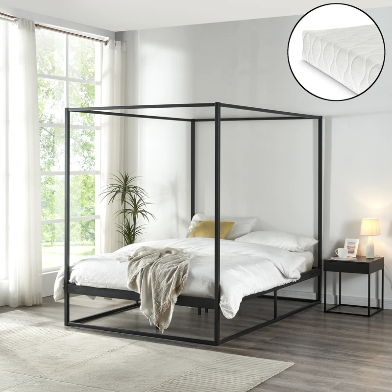 Cama con dosel Kristianstad con colchón negro en varios tamaños [en.casa]