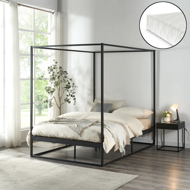 Cama con dosel Kristianstad con colchón negro en varios tamaños [en.casa]