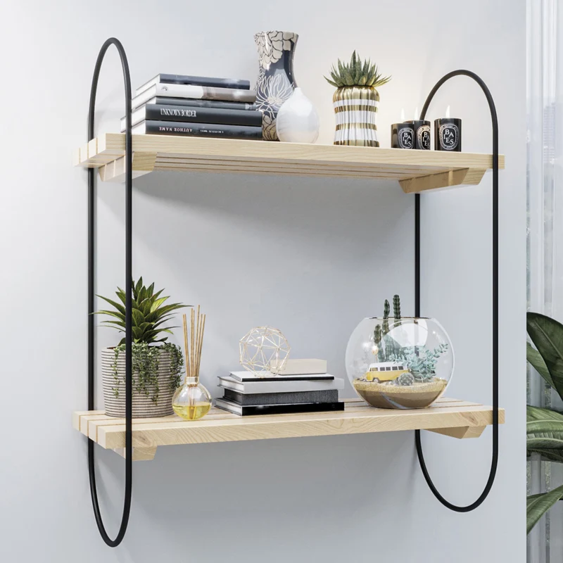 Estantería de pared Oulu con marco de metal negro/natural en varios tamaños [en.casa]