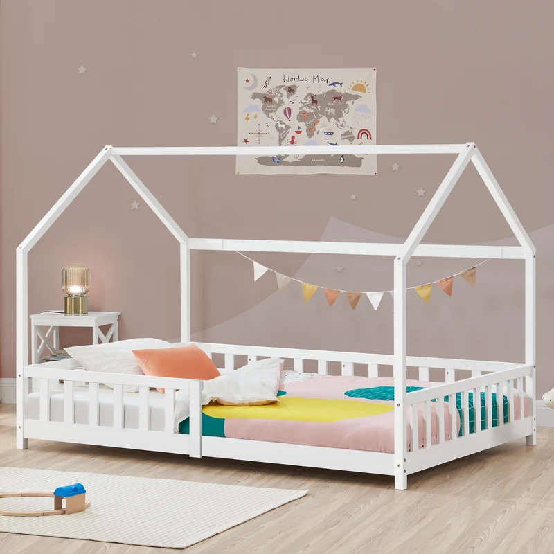 Cama infantil Hesel en forma de casa pino con reja [en.casa]