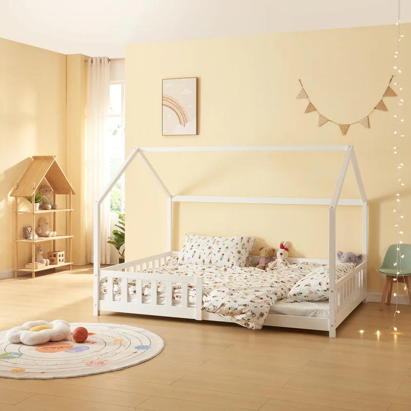Cama infantil Hesel en forma de casa pino con reja [en.casa]