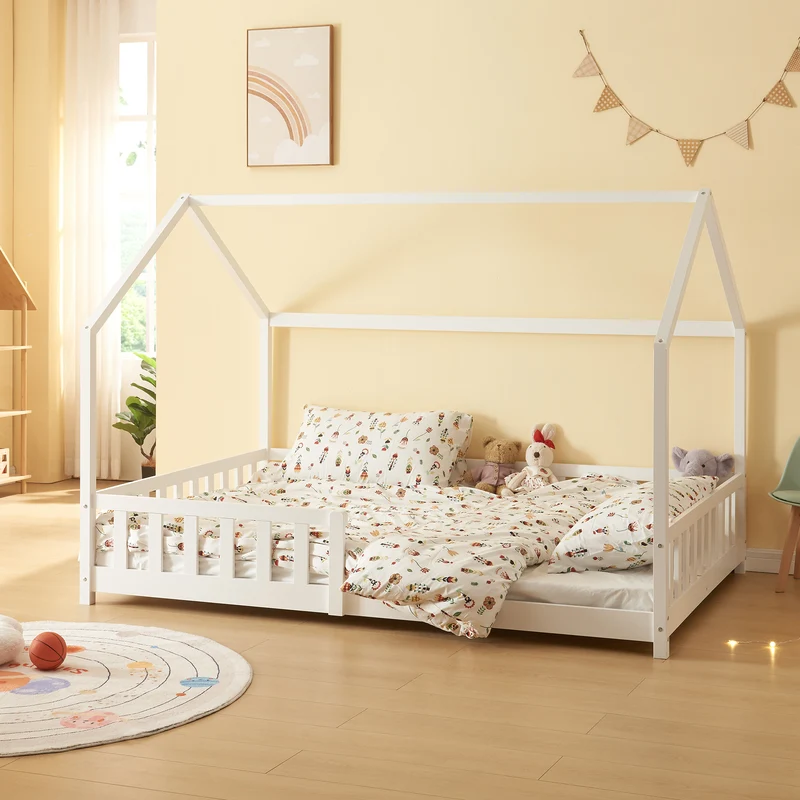 Cama infantil Hesel en forma de casa pino con reja [en.casa]