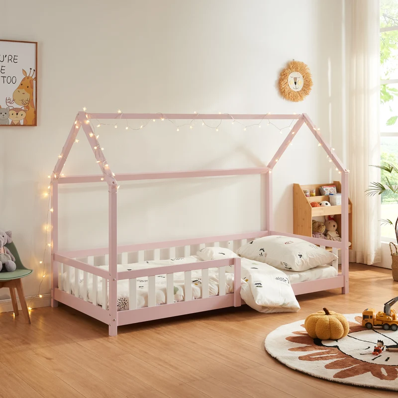 Cama infantil Hesel en forma de casa pino con reja [en.casa]