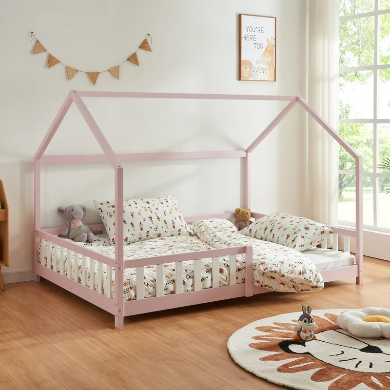 Cama infantil Hesel en forma de casa pino con reja [en.casa]