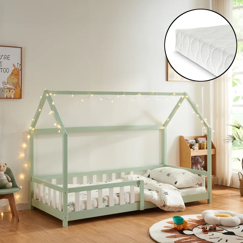 Cama casita Hesel con colchón y protección contra caídas Blanco [en.casa]
