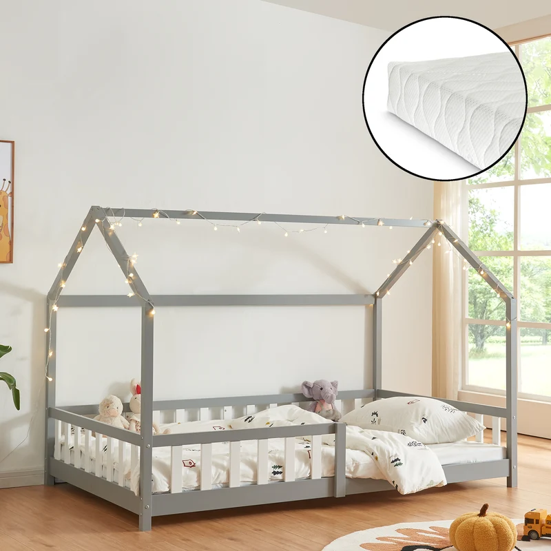 Cama casita Hesel con colchón y protección contra caídas Blanco [en.casa]