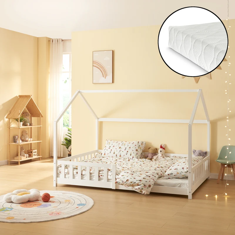 Cama casita Hesel con colchón y protección contra caídas Blanco [en.casa]
