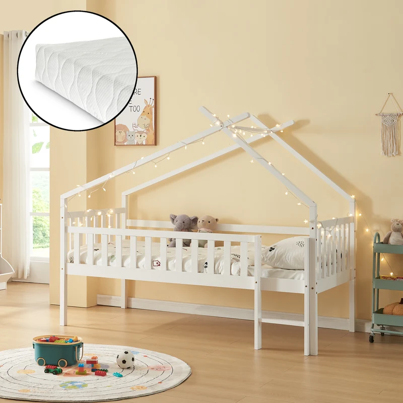 Cama casita Sotkamo con colchón 90x200cm con protección contra caídas [en.casa]
