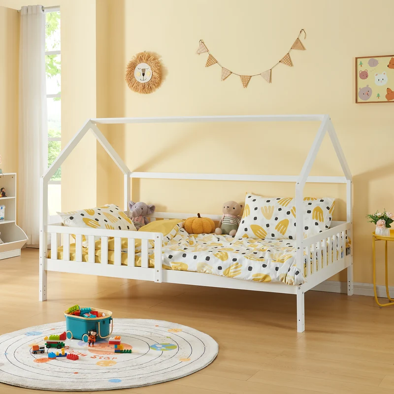 Cama casita con protección contra caídas Ydre Blanco Madera de pino [en.casa]