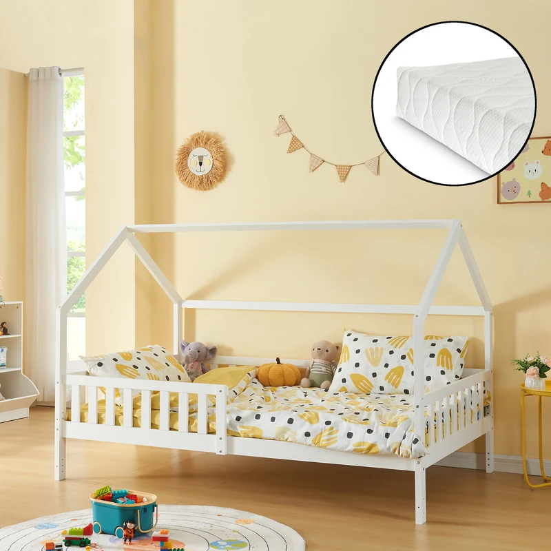 Cama infantil cabaña Ydre con colchón regulable en altura pino - Blanco [en.casa]