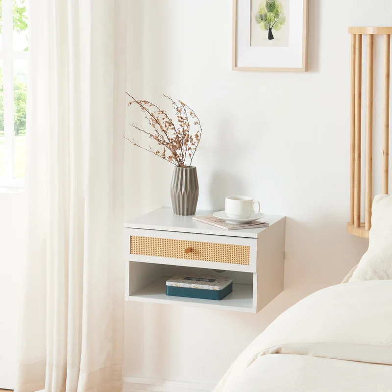 Estantería de pared Eiker con cajón 40x32x23 cm aspecto ratán [en.casa]