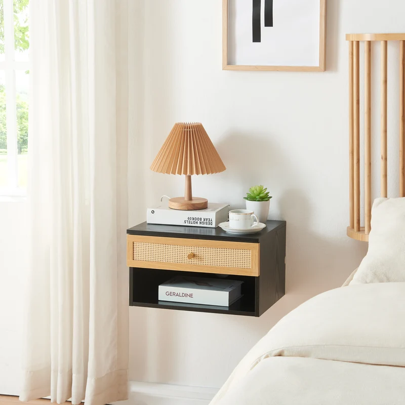 Estantería de pared Eiker con cajón 40x32x23 cm aspecto ratán [en.casa]