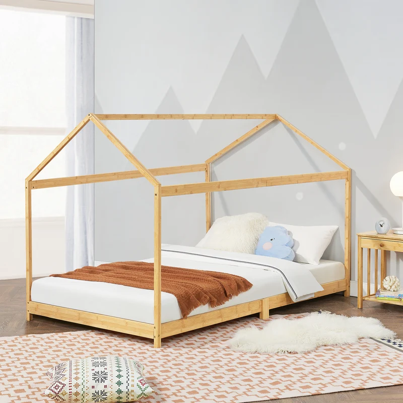 Cama infantil Vindafjord en forma de casa bambú en diferentes tamaños - Color natural [en.casa]
