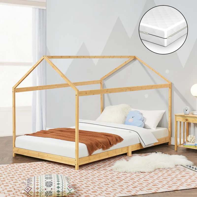 Cama infantil Simple Vindafjord en forma de casa con colchón bambú en diferentes tamaños - Color natural [en.casa]