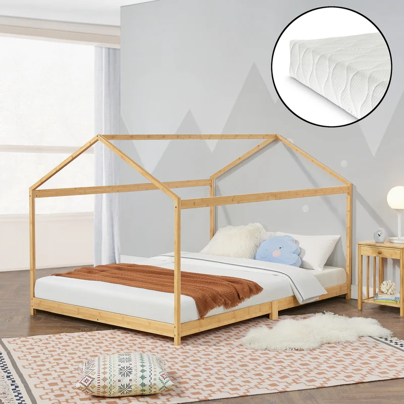 Cama infantil Simple Vindafjord en forma de casa con colchón bambú en diferentes tamaños - Color natural [en.casa]