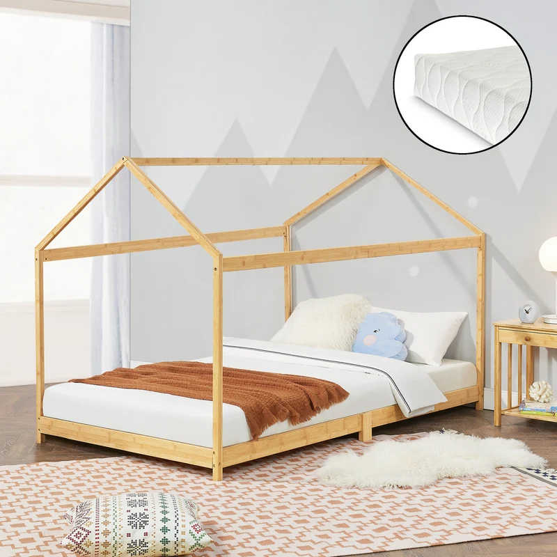 Cama infantil Simple Vindafjord en forma de casa con colchón bambú en diferentes tamaños - Color natural [en.casa]
