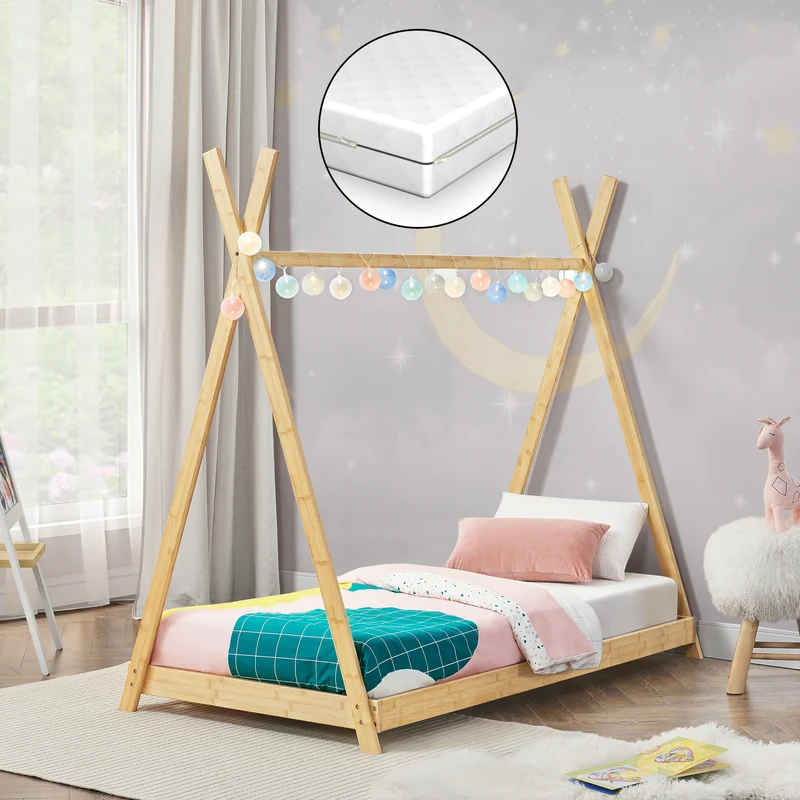 Cama infantil Tipi Vimpeli + 1 Colchón máx. 200 kg bambú 70 x 140 cm o 90 x 200 cm - Natural [en.casa] y [neu.haus]