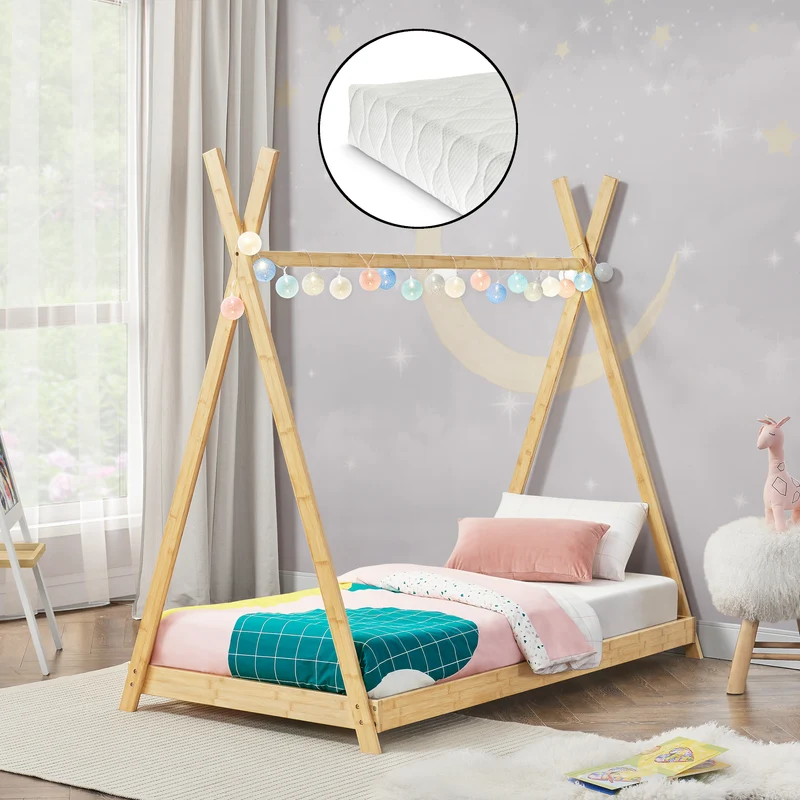 Cama infantil Tipi Vimpeli + 1 Colchón máx. 200 kg bambú 70 x 140 cm o 90 x 200 cm - Natural [en.casa] y [neu.haus]